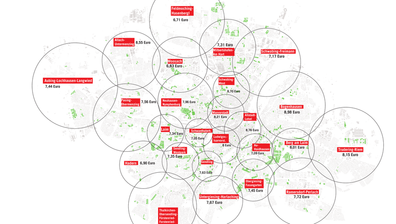 Wie hoch sind die Durchschnittsmieten in den verschiedenen Vierteln bei den Wohnungsunternehmen, die im Verein Münchner Wohnungsunternehmer organisiert sind? Das zeigt diese Übersichtskarte, der Mieten-Atlas für 2021.Die ausgewiesenen Preise sind Durchschnittspreise pro Quadratmeter. Es handelt sich um Nettokaltmieten. Wie hoch sind die Durchschnittsmieten in den verschiedenen Vierteln bei den Wohnungsunternehmen, die im Verein Münchner Wohnungsunternehmer organisiert sind? Das zeigt diese Übersichtskarte, der Mieten-Atlas für 2021.Die ausgewiesenen Preise sind Durchschnittspreise pro Quadratmeter. Es handelt sich um Nettokaltmieten.