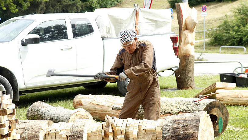 Der Künstler Mukai Katsumi bekommt Holz gespendet, zum Beispiel Bäume, die gefällt werden müssen. Der Japaner bearbeitet sie zusammen mit dem Künstler Ludwig Frank. Am 7. Juli werden die fertigen Kunstwerke dann auf dem Festival ausgestellt.
