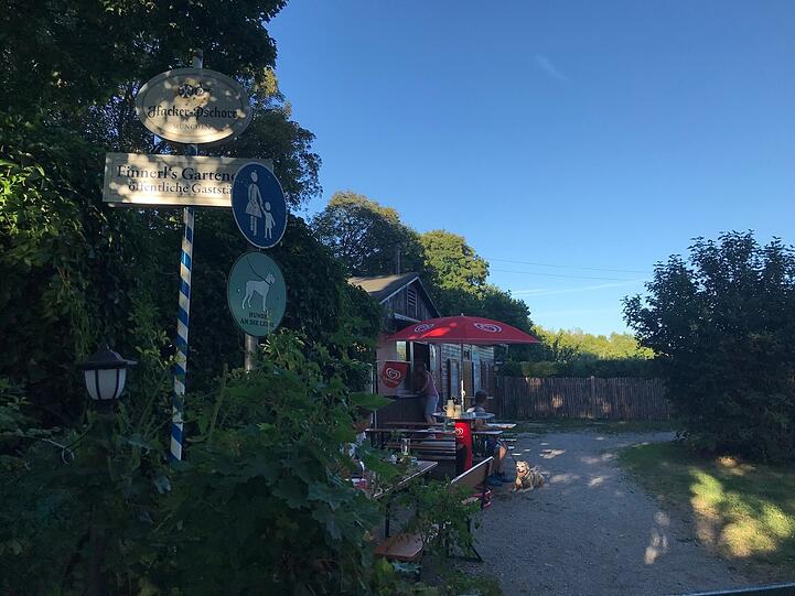 Links hintern Schild, durch den Wein, geht's rein.