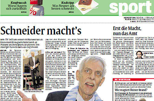 "Schneider macht's": Ein alter Bekannter wird Nachfolger von Rainer Beeck. Der 63-jährige Dieter Schneider, erst seit Ende Oktober Schatzmeister, galt auch ohne das Amt innehzuhaben als der neue starke Mann beim TSV 1860...