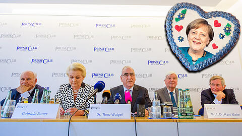 Entschlossene Blicke: der CSU-Ehrenvorsitzende Theo Waigel (3. v. l.) im Presseclub neben (v. l.) Ex-CSU-Chef Erwin Huber, der Rosenheimer Oberbürgermeisterin Gabriele Bauer, dem Politikwissenschaftler Hans Maier und dem ehemaligen Landtagspräsidenten Alois Glück.
