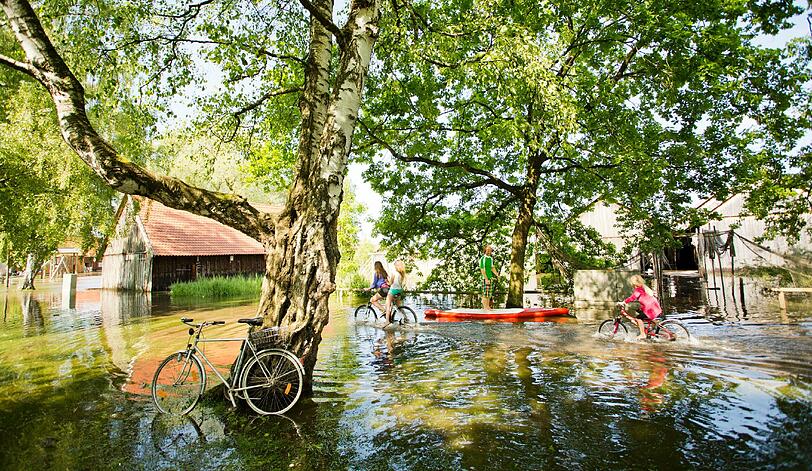 Fanatic-Teamfahrer Fabian Weber erkundet das Hochwasser in Diessen am Ammersee per Stand Up Paddeling