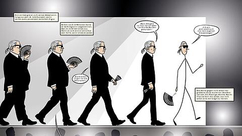 Auf solche Ideen muss man erst mal kommen: Karl Lagerfelds Gewichtsreduktion um über 40 Kilo packt der Zeichner Simon Schwartz in einen frechen Gang über den Laufsteg. Das lässt Raum für allerlei Kommentare.