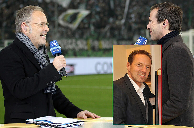 Solide trifft charmant: ARD-Mann Reinhold Beckmann im Gespräch mit Experte Mehmet Scholl (r.), dem früheren Nationalspieler.