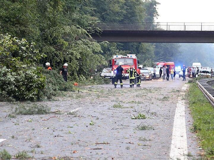Feuerwehren räumen die durch umgestürzte Bäume blockierte Autobahn A 45 bei Aschaffenburg.