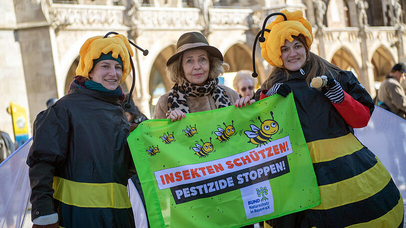 Michaela May (m.) mit zwei Bienen-Unterstützerinnen auf dem Marienplatz. Am Freitag demonstrieren Unterstützer vor der Oper.