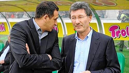 Sauere Mienen zum  munteren St. Pauli-Aufstiegstreiben: SpVgg-Manager Rachid Azzouzi und Präsident Helmut Hack (r.).