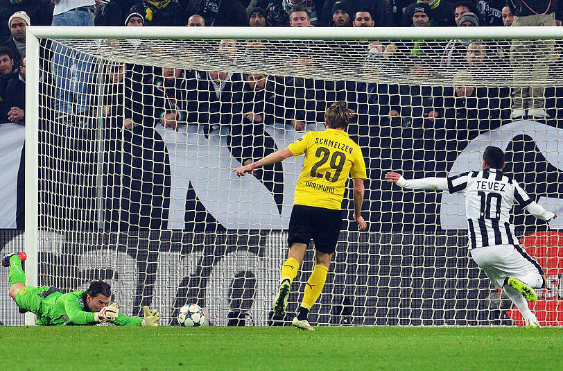 Dortmunds Weidenfeller (l.) und Schmelzer können nur noch zusehen, wie Juves Tevez zum 1:0 trifft.