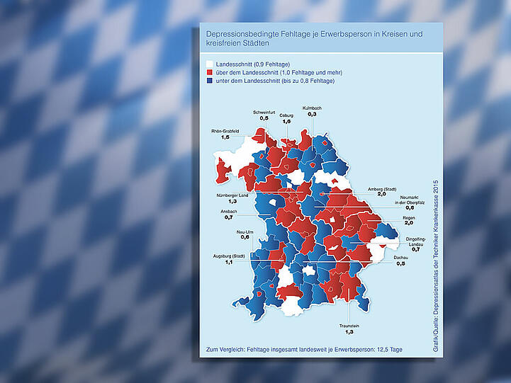 Einige weiße Flecken, viel blau, aber auch rote Regionen: Depressionen sind in den bayerischen Regionen unterschiedlich stark ausgeprägt. München hat durchschnittliche Werte: der weiße Fleck südöstlich von Dachau.