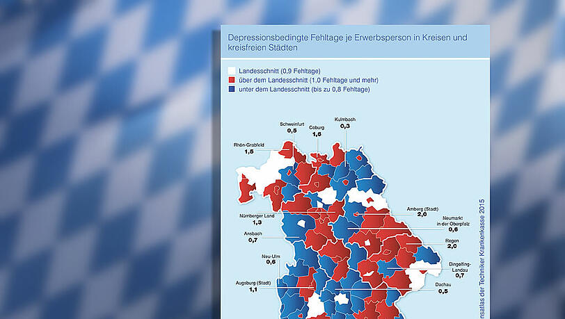 Einige weiße Flecken, viel blau, aber auch rote Regionen: Depressionen sind in den bayerischen Regionen unterschiedlich stark ausgeprägt. München hat durchschnittliche Werte: der weiße Fleck südöstlich von Dachau. Einige weiße Flecken, viel blau, aber auch rote Regionen: Depressionen sind in den bayerischen Regionen unterschiedlich stark ausgeprägt. München hat durchschnittliche Werte: der weiße Fleck südöstlich von Dachau.