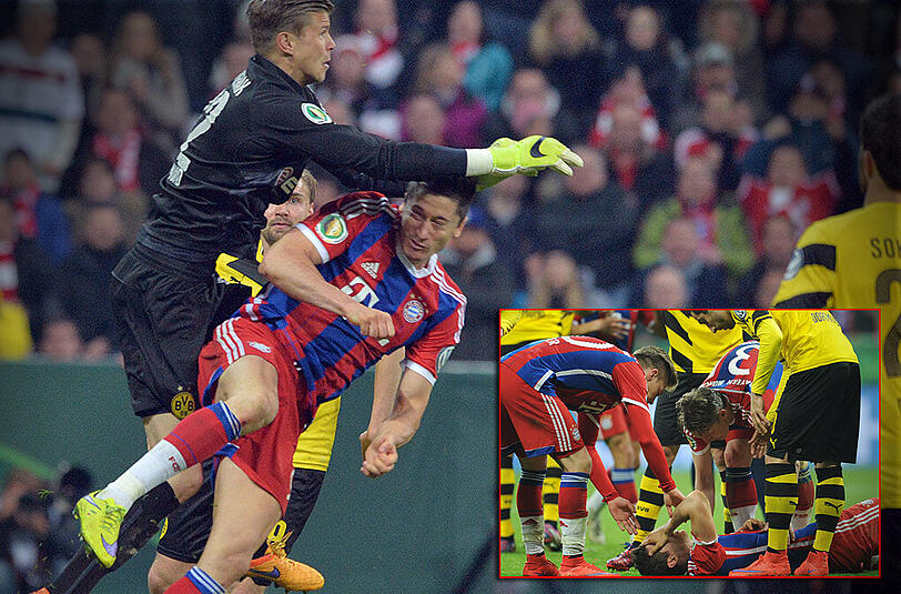 Die Szene: Mitch Langerak springt und faustet Richtung Ball, doch trifft Robert Lewandowski voll am Kopf. Der Pole musste in ein Krankenhaus gebracht werden.