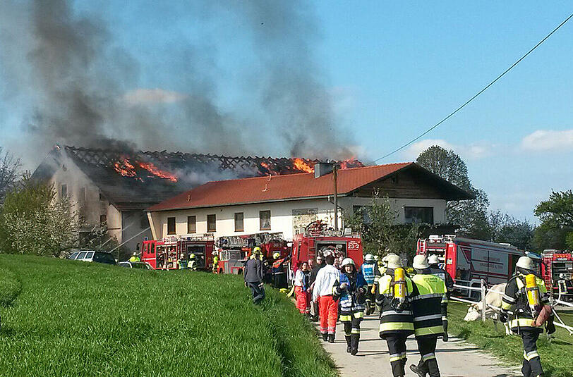 Großeinsatz der Feuerwehr am Donnerstagnachmittag: In Lafering brannte ein großes Stallgebäude komplett aus, der Sachschaden ist enorm. Die Bilder.