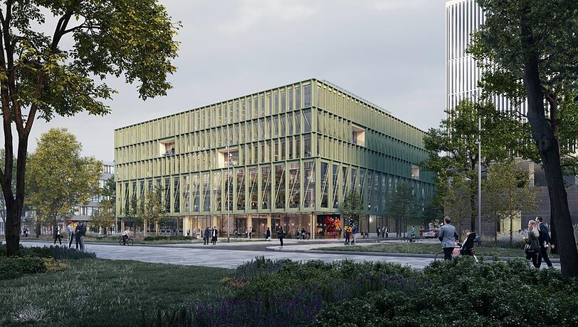 Für eine natürliche Wirkung: Die i8-Fassade ist aus recyceltem Aluminium und in gedämpftem Grün geplant. Für eine natürliche Wirkung: Die i8-Fassade ist aus recyceltem Aluminium und in gedämpftem Grün geplant.