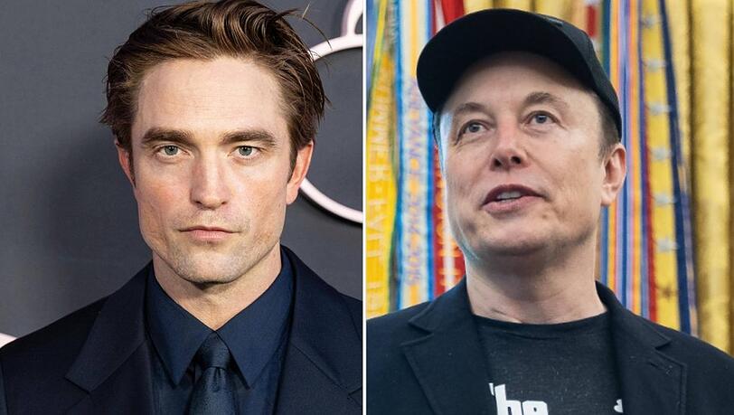 Robert Pattinson neben Elon Musk.