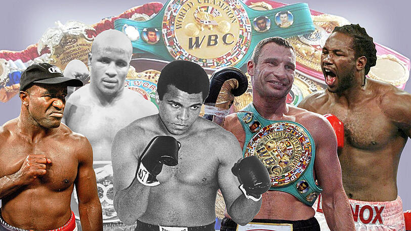 Die dreimaligen Box-Weltmeister im Schwergewicht: Evander Holyfield, Michael Moore, Muhammad Ali, Vitali Klitschko und und Lennox Lewis (v.l.).