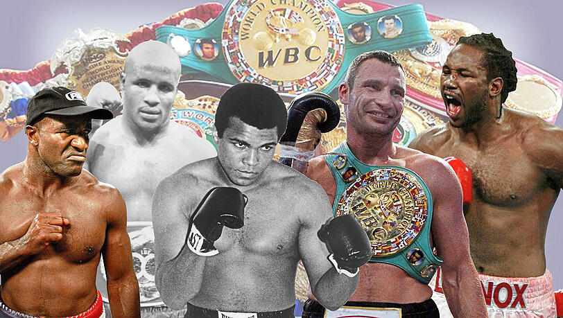 Die dreimaligen Box-Weltmeister im Schwergewicht: Evander Holyfield, Michael Moore, Muhammad Ali, Vitali Klitschko und und Lennox Lewis (v.l.). Die dreimaligen Box-Weltmeister im Schwergewicht: Evander Holyfield, Michael Moore, Muhammad Ali, Vitali Klitschko und und Lennox Lewis (v.l.).