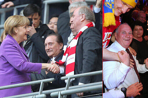 Zwischen hoffen und bangen. So erlerbt Uli Hoeneß den denkwürdigen Abend in London. Die Bilder aus dem Wembley Stadion und dem anschließenden Bayern-Bankett