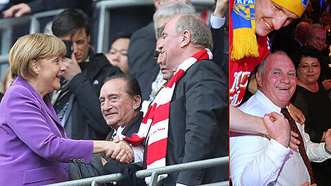 Zwischen hoffen und bangen. So erlerbt Uli Hoeneß den denkwürdigen Abend in London. Die Bilder aus dem Wembley Stadion und dem anschließenden Bayern-Bankett