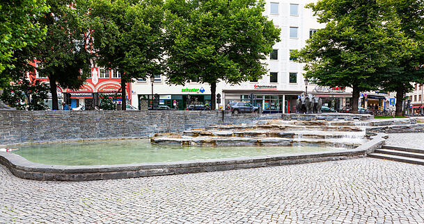 Schon ein paar Bäume, gerne auch in Verbindung mit Wasser, wie hier am Rindermarkt, helfen die Temperaturen zu senken. Schon ein paar Bäume, gerne auch in Verbindung mit Wasser, wie hier am Rindermarkt, helfen die Temperaturen zu senken.