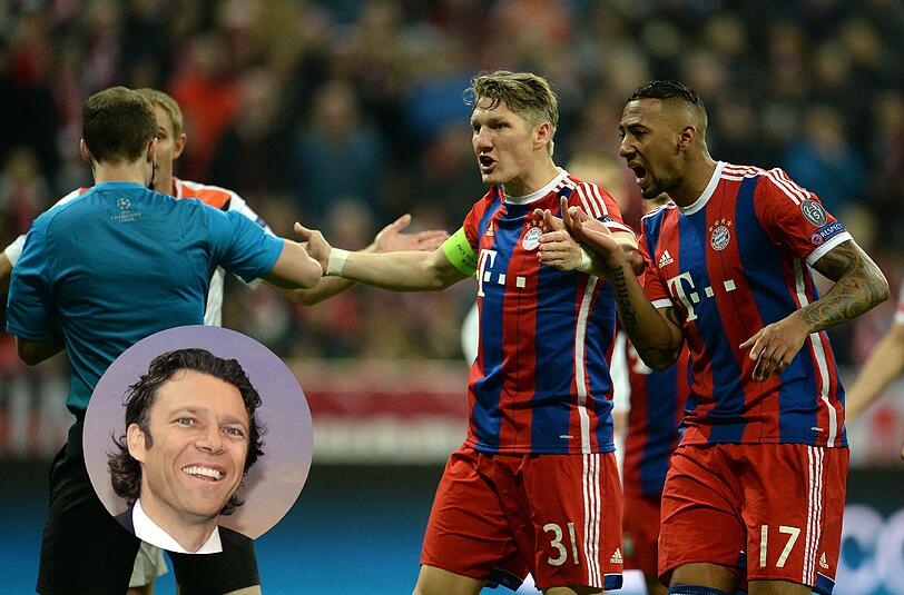 Die Szene, in der Bastian Schweinsteiger beim Schiedsrichter die Rote Karte fordert. Urs Meier kritisiert Schweinsteigers Verhalten.