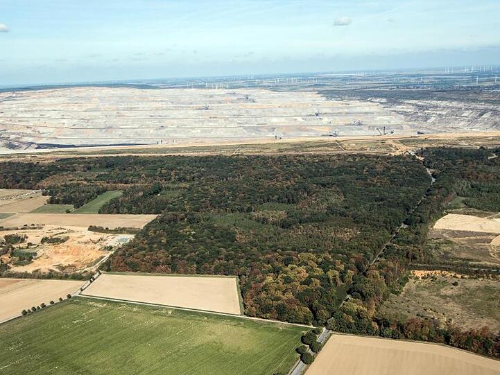 Der Hambacher Forst zwischen Köln und Aachen soll erhalten bleiben - im Hintergrund ist der Tagebau zu sehen.