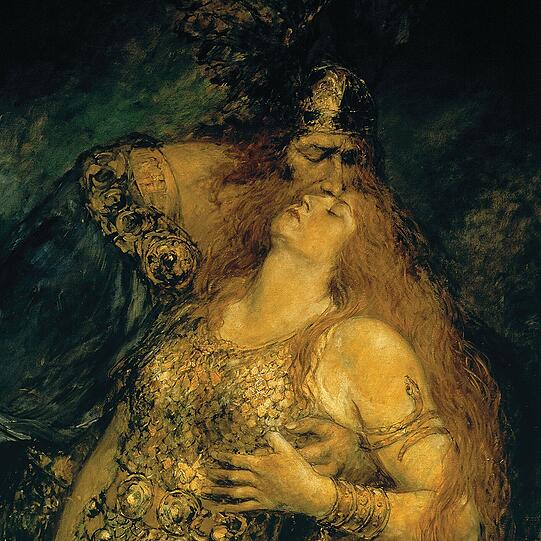 Abbusseln: &bdquo;Wotans Abschied&ldquo; haben die Autoren für die Erklärung von &bdquo;abküssen&ldquo; ausgesucht. Ferdinand Leeke hat das Bild um 1895 gemalt, es befindet sich in München in Privatbesitz. &bdquo;Smother with kisses&ldquo; heißt&rsquo;s übrigens auf Englisch.