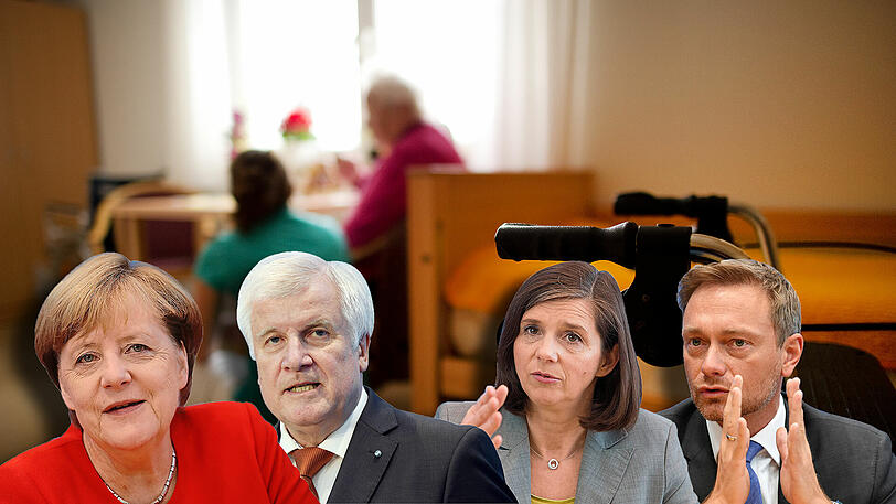 Besser spät als nie: Die möglichen Jamaika-Partner (v.l.) Angela Merkel (CDU), Horst Seehofer (CSU), Katrin Göring-Eckardt (Grüne) und Christian Lindner (FDP) widmen sich sozialen Themen wie der Pflege.