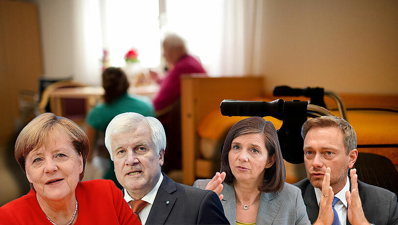 Besser spät als nie: Die möglichen Jamaika-Partner (v.l.) Angela Merkel (CDU), Horst Seehofer (CSU), Katrin Göring-Eckardt (Grüne) und Christian Lindner (FDP) widmen sich sozialen Themen wie der Pflege. Besser spät als nie: Die möglichen Jamaika-Partner (v.l.) Angela Merkel (CDU), Horst Seehofer (CSU), Katrin Göring-Eckardt (Grüne) und Christian Lindner (FDP) widmen sich sozialen Themen wie der Pflege.