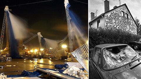 Links: Eingestürzte Tollwood-Zelte 2003. Rechts: 1984 entglast ein Hagelsturm die Autos der Münchner.