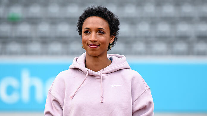 Malaika Mihambo, Weitspringerin, nimmt im Olympiastadion an einer Pressekonferenz für die European Championships teil. Vom 11.- 21.08.2022 finden in München die European Championships statt.