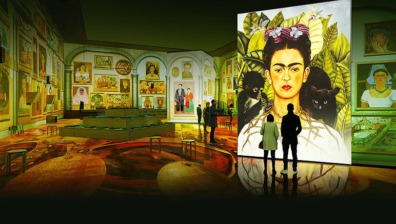 Ein Blick in die Münchner "Viva Frida Kahlo"-Show im Utopia an der Heßstraße. Das 360-Grad-Erlebnis entführt das Publikum nach Mexiko in die legendäre "Casa Azul" in Coyoacán.