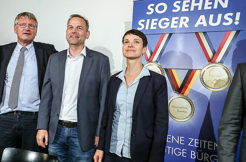 "So sehen Sieger aus": Frauke Petry, Bundesvorsitzende der Alternative für Deutschland (AfD), der Spitzenkandidat der AfD in Mecklenburg Vorpommern, Leif-Erik Holm (m.), und Co-Parteichef Jörg Meuthen.