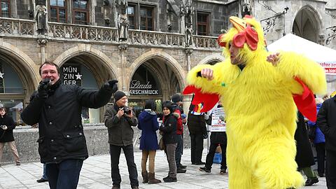 Ein Huhn stört Michael Stürzenberger, der Unterschriften gegen das Europäische Islamzentrum sammelt.