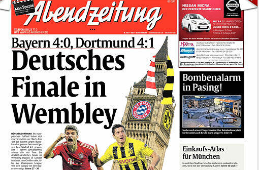 Die Abendzeitung macht aus der Big-Ben-Uhr schon mal ein Bayern-Logo und freut sich auf's Finale Bayern gegen BVB!