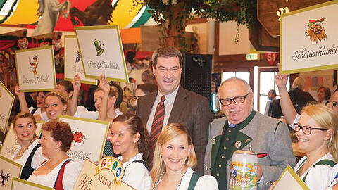 So lässt es sich aushalten: Finanzminister Markus Söder (li.) und Wirtesprecher Toni Roiderer in mitten lauter strahlender Volksfestbedienungen.