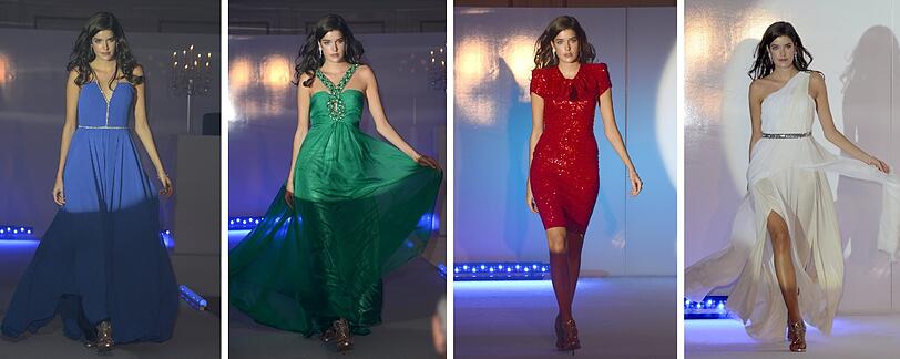 Das Model Marie Nasemann läuft am 31.10.2012 in München (Bayern) im Hotel Vier Jahreszeiten bei der "Silverwhite Chrystal Night" mit einem blauem Abendkleid, (l-r), einem grünen Abendkleid, einem rotem Abendkleid und einem weißen Abendkleid über den Laufsteg. Bei der Eröffnungsgala von dresscoded.com sahen die Gäste eine Modenschau, bei der die Idee der Firma, Abendkleider zu leihen und nicht zu kaufen, um für jeden Anlass unterschiedliche Kleidung ohne große Kosten zu haben, vorgestellt wurde.
