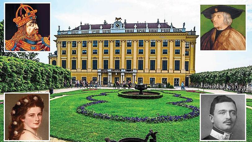 Das Schloss Schönbrunn in Wien war der politische Mittelpunkt der Habsburger. Vier wichtige Figuren: Rudolf I. (links oben) war im 13. Jahrhundert der erste römisch-deutsche König aus dem Habsburger-Geschlecht. Kaiser Maximilian I. (rechts oben) baute die Macht des Hauses Österreich im 15. und 16. Jahrhundert durch die Habsburger Heiratspolitik aus. Kaiserin Elisabeth, genannt &bdquo;Sisi&ldquo; (links unten), gelangte durch ihre Heirat mit Kaiser Franz Joseph 1854 in die Habsburger Monarchie. Karl I. von Habsburg (rechts unten) war der letzte regierende Kaiser von Österreich, bis er 1918 Schönbrunn verließ.