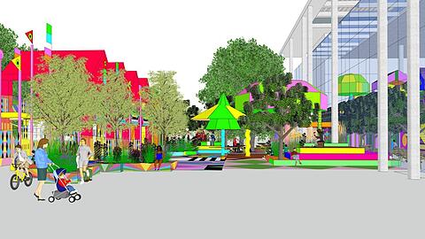 Eine Mischung aus Vergnügungspark und bunter Miniaturstadt wird am 26. Juni 2025 vor der Pinakothek der Moderne eröffnen, quasi zum Auftakt des Kunstarealfests.