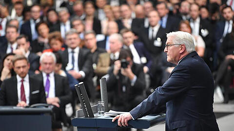 Der designierte Bundespräsident Steinmeier nach der Wahl am Rednerpult.