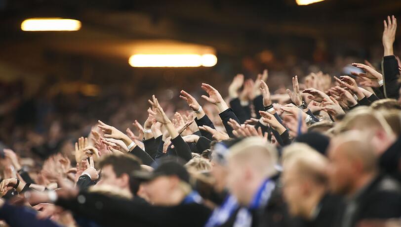 Fußballfans jubeln im Stadion.