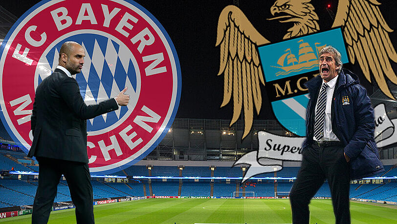 Bayern-Trainer Pep Guardiola (l.) und City-Coach Manuel Pellegrini. Bayern-Trainer Pep Guardiola (l.) und City-Coach Manuel Pellegrini.