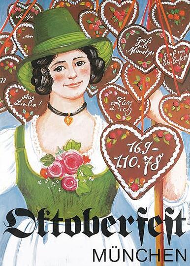 Die Herzerl-Verkäuferin zierte als erstes Motiv auch den Jahreskrug: Wiesn-Plakat 1978.
