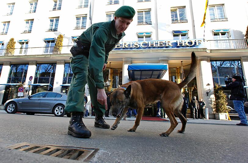 Was haben wir da Feines? Ein Spürhund beschnüffelt einen Gulli vor dem Tagungshotel.