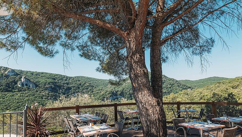 Essen mit Aussicht auf die Landschaft in der Domaine de La Sabli&egrave;re.