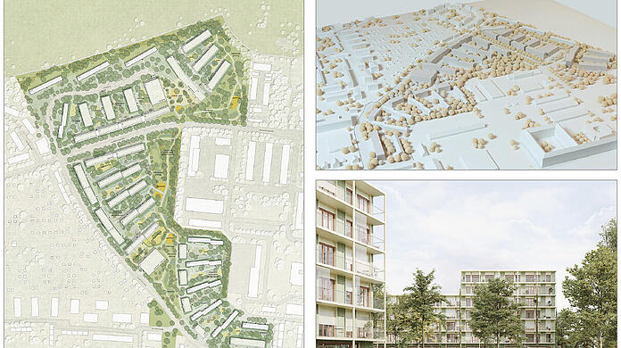 Das Areal der Siedlung: Ganz oben die Panzerwiese, den linken Rand bildet die Rockefellerstra&szlig;e, im oberen Drittel verl&auml;uft quer die Neuherbergstra&szlig;e. Die Visualisierung zeigt, wie die Neubauten aussehen k&ouml;nnten.