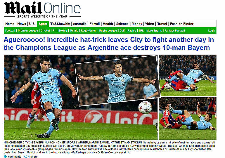 Daily Mail (Großbritannien): "Aguerooooo! Unglaublicher Hattrick hält City in der Champions League: Der argentinische Star zerstört die Zehn-Mann-Bayern"