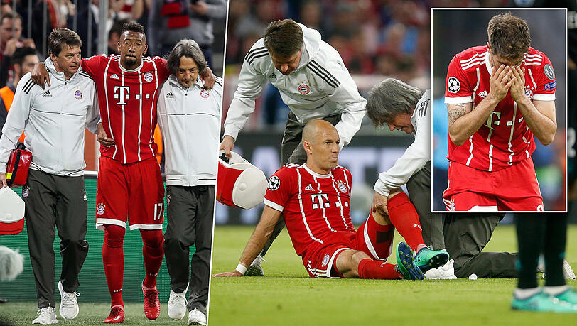 Verletzten sich beim Spiel gegen Real Madrid: Jérôme Boateng (l.), Arjen Robben (m.) und Javi Martínez.