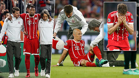 Verletzten sich beim Spiel gegen Real Madrid: Jérôme Boateng (l.), Arjen Robben (m.) und Javi Martínez.