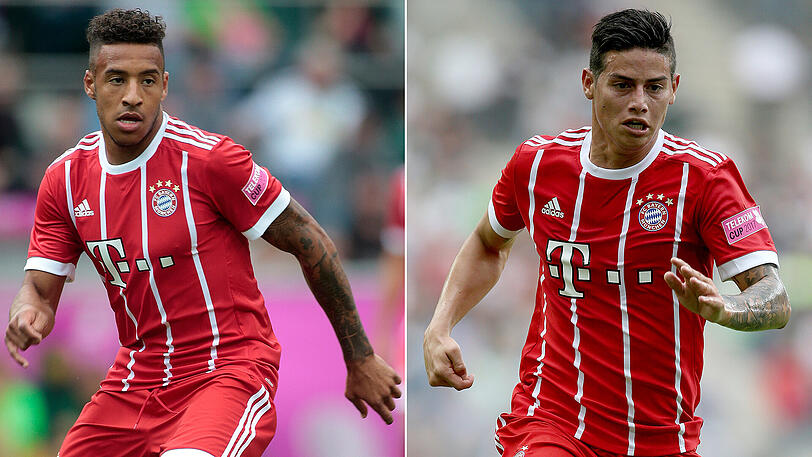 Nehmen ihre Rollen als Einwechselspieler beim FC Bayern mit einem Lächeln: Corentin Tolisso (l.) und James Rodriguez.