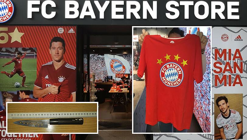 Ein Mann, der ein Messer dabei hatte, wollte ein T-Shirt aus dem FC-Bayern-Fanshop stehlen.